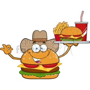 illustration cowboy burger cartoon mascot character holding a platter with burger, french fries and a soda vector illustration isolated on white background