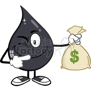 royalty free rf clipart illustration winking petroleum or oil drop cartoon character holding a money savings bag vector illustration isolated on white background