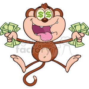 royalty free rf clipart illustration greedy monkey cartoon character jumping with cash money and dollar eyes vector illustration isolated on white
