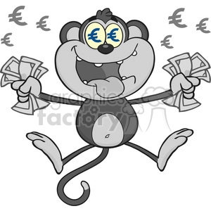 A playful cartoon monkey clutching bundles of money, with Euro signs in its eyes, symbolizing wealth and happiness.
