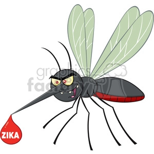 Cartoon image of an evil-looking mosquito with a drop of blood labeled 'Zika' on its stinger.