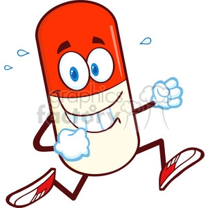 Clipart image of a happy, smiling capsule pill character running with its arms and legs showing, dressed in red and white sneakers.