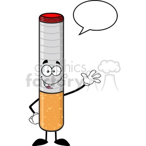 A cartoon representation of a cigarette with a smiling face, arms, and legs. The cigarette character is waving, and there is a speech bubble above its head.