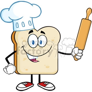 A cheerful slice of bread wearing a chef's hat, holding a rolling pin, and smiling.