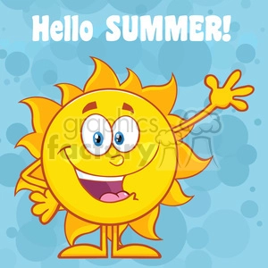 10108 happy sun cartoon mascot character waving for greeting with text hello summer vector illustration with blue background