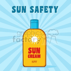 cartoon bottle sunscreen with text sun cream vector illustration blue sunburst background and text sun safety
