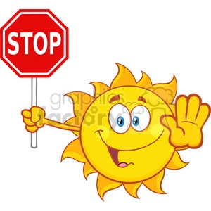 cute sun cartoon mascot character gesturing and holding a stop sign vector illustration isolated on white background