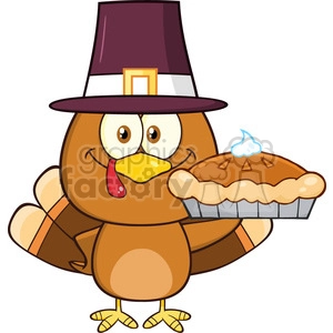 cute pilgrim turkey bird cartoon character holding a pie vector illustration isolated on white