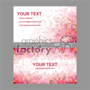 A set of two modern business card templates with a mosaic background pattern in shades of pink, red, and beige. The template includes placeholders for text such as name, contact number, email address, physical address, and website URL.