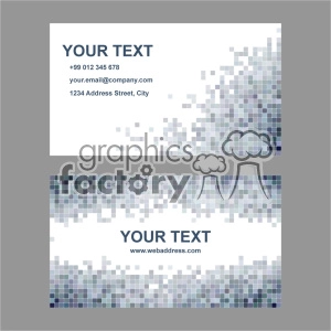 This image contains two modern business card templates with a mosaic pixelated design. Both cards feature placeholders for text and contain areas for contact information such as phone number, email address, physical address, and website.