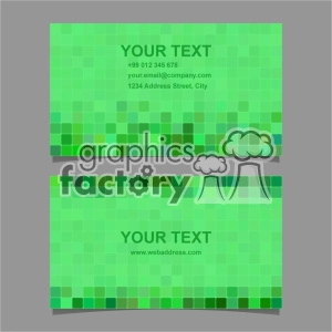 This is a clipart image of two business card templates with a green pixelated pattern. The upper card includes placeholders for text, a phone number, an email address, and a physical address. The lower card includes placeholders for text and a web address. Both cards have a modern, green theme with various shades of green rectangles forming the background pattern.