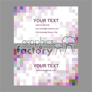 A set of business cards with a colorful pixelated background design. The cards are customizable with placeholders for text, including name, phone number, email, address, and website.