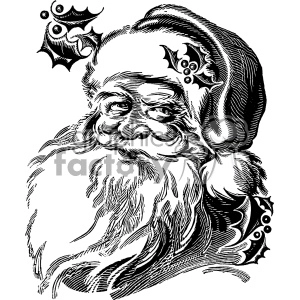 A black and white clipart image of Santa Claus with holly leaves and berries on his hat.