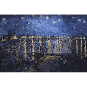A clipart rendition of an impressionist painting featuring a starry night sky with reflections on a body of water, cityscape in the background.