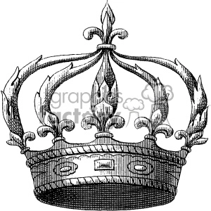 A detailed black and white clipart illustration of a royal crown with intricate design and fleur-de-lis elements.