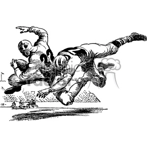 Vintage clipart image of two American football players in action, with one player tackling the other. The background depicts other players on the field with a stadium setting.