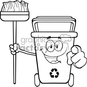 Black And White Open Green Recycle Bin Cartoon Mascot Character Holding A Broom And Pointing For Clining Vector