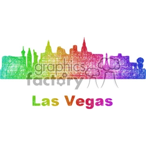 Colorful line art illustration of the Las Vegas skyline with prominent buildings and landmarks, rendered in a gradient of green to purple hues.