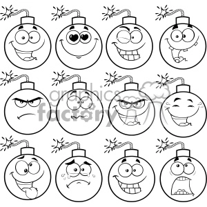 A black and white clipart image showing twelve bomb-shaped characters displaying various facial expressions. The bombs have lit fuses and each facial expression ranges from happy, sad, angry, excited, and more.