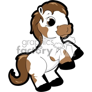 A cute cartoon horse with brown and white patches, large eyes, and a playful pose.