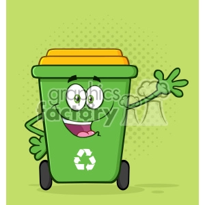 Happy Green Recycle Bin Cartoon Mascot Character Waving For Greeting Vector With Green Halftone Background