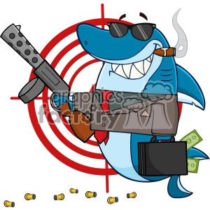 This clipart image features a stylized, anthropomorphic shark character dressed up as a gangster. It's holding a Tommy gun, wearing sunglasses, and has a lit cigar in its mouth. There's also a briefcase full of money by its side, and bullet casings are scattered around the ground. The shark is standing in front of a target design that radiates outwards, giving emphasis to the character.