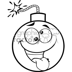 A black and white clipart image of a cartoon bomb with a lit fuse, featuring a happy and playful facial expression with its tongue sticking out.