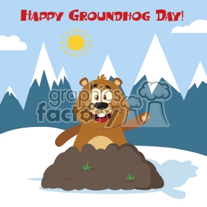 10643 Royalty Free RF Clipart Happy Marmmot Cartoon Mascot Character Waving In Groundhog Day Vector Flat Design With Background And Text Happy Groundhog Day
