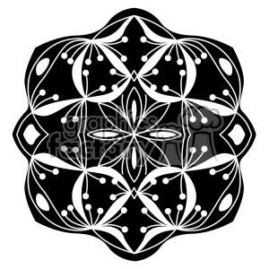 An intricate black and white floral mandala design featuring symmetrical patterns and organic shapes, resembling flowers and abstract elements.