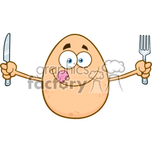 10974 Royalty Free RF Clipart Cute Egg Cartoon Mascot Character Licking His Lips And Holding Silverware Vector Illustration