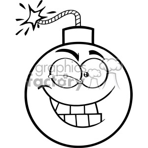 A black and white clipart image of a cartoon bomb with a smiling face. The bomb has a lit fuse and is winking.