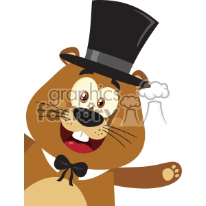 10638 Royalty Free RF Clipart Smiling Marmot Cartoon Mascot Character With Hat Waving From Corner Vector Flat Design