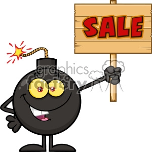 Cartoon bomb character with a fuse, holding a wooden sale sign.
