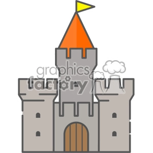 Clipart image of a medieval castle with a tall central tower and an orange conical roof topped with a yellow flag. The castle has fortified walls and brown wooden doors.