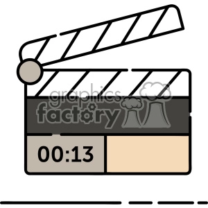 The clipart image shows a clapboard, also known as a slate or clapperboard, which is a device used in movie production to mark the beginning of a scene. It typically includes information such as the name of the director, the title of the film, and the scene and take numbers. The image is often associated with Hollywood, action movies, film production, producers, and theaters.
