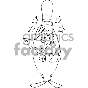 black and white injured cartoon bowling pin mascot character