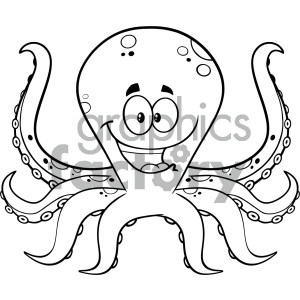 Royalty Free RF Clipart Illustration Black And White Happy Octopus Cartoon Mascot Character Vector Illustration Isolated On White Background