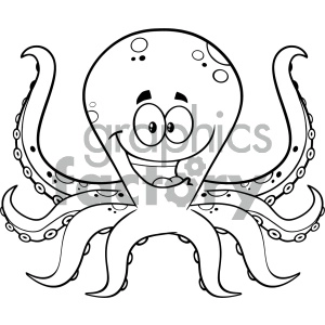 A black and white clipart image of a cartoon octopus with a happy expression.