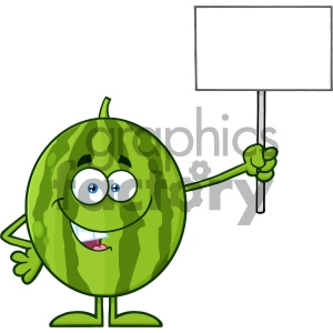 Royalty Free RF Clipart Illustration Green Watermelon Fresh Fruit Cartoon Mascot Character Holding A Blank Sign Vector Illustration Isolated On White Background