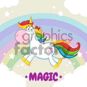 Clipart Illustration Smiling Magic Unicorn Cartoon Mascot Character Running Around Rainbow With Clouds Vector Illustration With Background And Text Magic