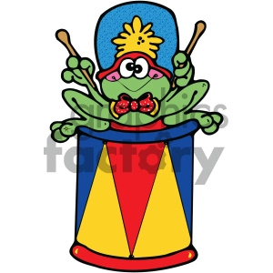 The clipart image features a cartoon frog with a playful expression, wearing a pink visor with a yellow burst-like detail. The frog is also wearing a red bow tie with polka dots and is holding drumsticks. It appears to be popping out of a colorful circus-style drum, which is primarily red, yellow, and blue.