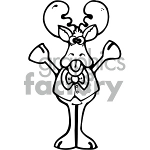 The clipart image shows a cartoon moose standing upright. The moose is wearing a tuxedo with a bow tie and has a jovial expression, with its tongue sticking out and its arms spread wide. It has large, stylized antlers.