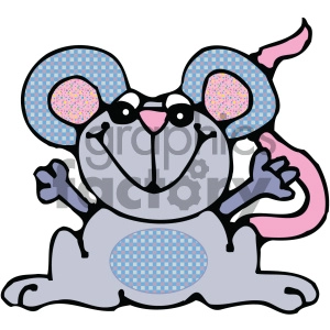 This clipart image features a stylized cartoon mouse. The mouse has a cheerful expression with its hands open as if welcoming or ready to hug. Its large ears have a patterned texture, and the belly area also shows a patterned design. The mouse is adorned with a pink nose and tail, and it appears to be in a sitting position.