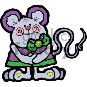 The image is a clipart illustration of a stylized cartoon mouse. The mouse appears to be sitting down, wearing colorful spotted clothing with a green bow, and has large ears with pink interiors. It's holding what looks like a green candy or toy in its hands.