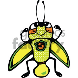 A vibrant and colorful cartoon illustration of a grasshopper  with yellow wings, black limbs, and a green polka-dot body. The grasshopper has a shield emblem with the letter 'S' on its back.