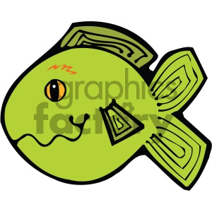 This is a cartoonish clipart image of a green fish with a whimsical design. It features a stylized green body with black outline and abstract shapes for the fins and tail. The fish has a prominent eye, a simple line for a mouth, and a few red marks above its eye.