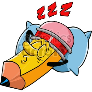 The clipart image shows a cartoon pencil character lying down on its side with closed eyes and a tired expression, indicating that it is sleeping or feeling lazy. This could be interpreted as a representation of procrastination or exhaustion from doing homework or other activities that require mental effort.
