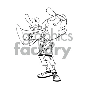 black and white cartoon boy scout character playing trumpet