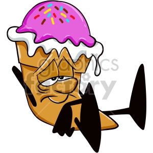 The clipart image shows a cartoon character of an ice cream cone who appears to be tired and lazy, with eyes half-closed and leaning to one side. The ice cream is depicted as melting, with droopy features. This image conveys the idea of summer heat and exhaustion, perhaps suggesting the need for a refreshing treat to beat the heat.
