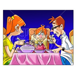 cartoon boy eating dinner with family
